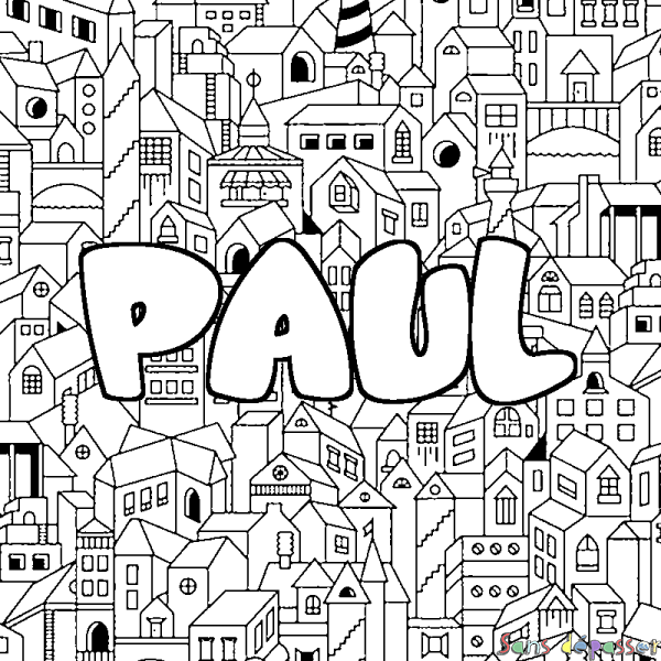 Coloriage pr&eacute;nom PAUL - d&eacute;cor Ville