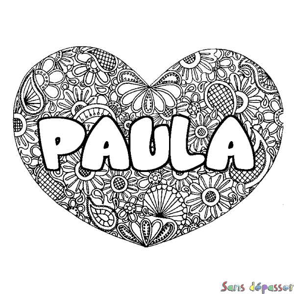 Coloriage prénom PAULA - d&eacute;cor Mandala coeur