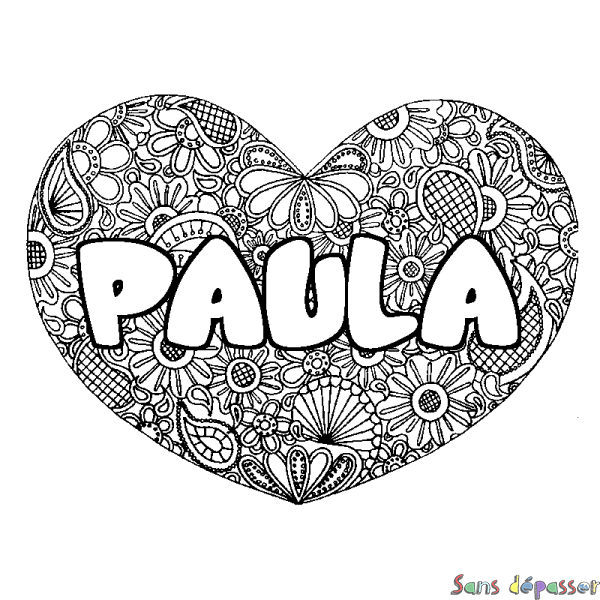 Coloriage pr&eacute;nom PAULA - d&eacute;cor Mandala coeur