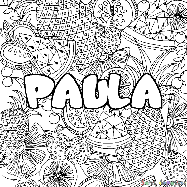 Coloriage prénom PAULA - d&eacute;cor Mandala fruits