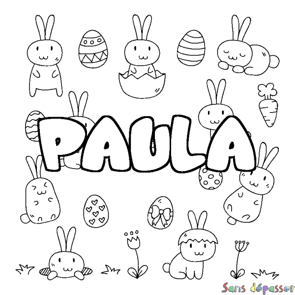 Coloriage pr&eacute;nom PAULA - d&eacute;cor Paques