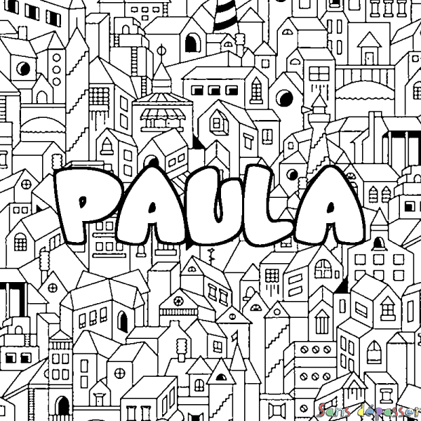 Coloriage pr&eacute;nom PAULA - d&eacute;cor Ville