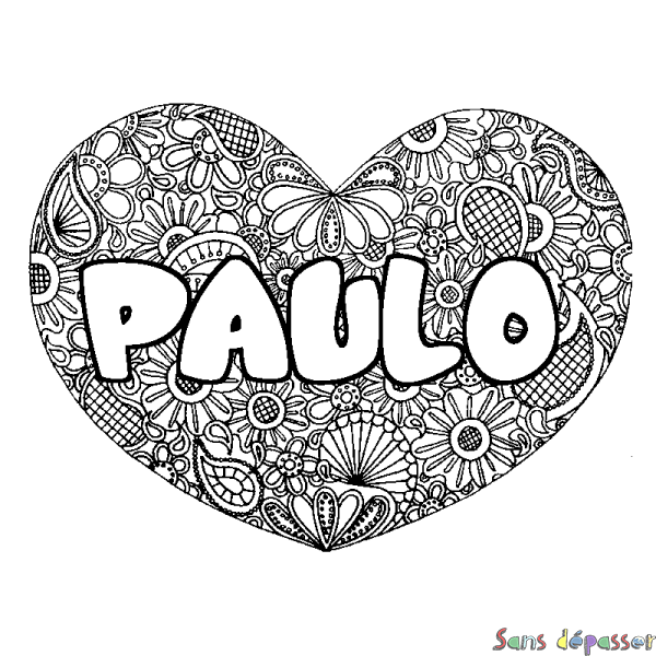 Coloriage pr&eacute;nom PAULO - d&eacute;cor Mandala coeur