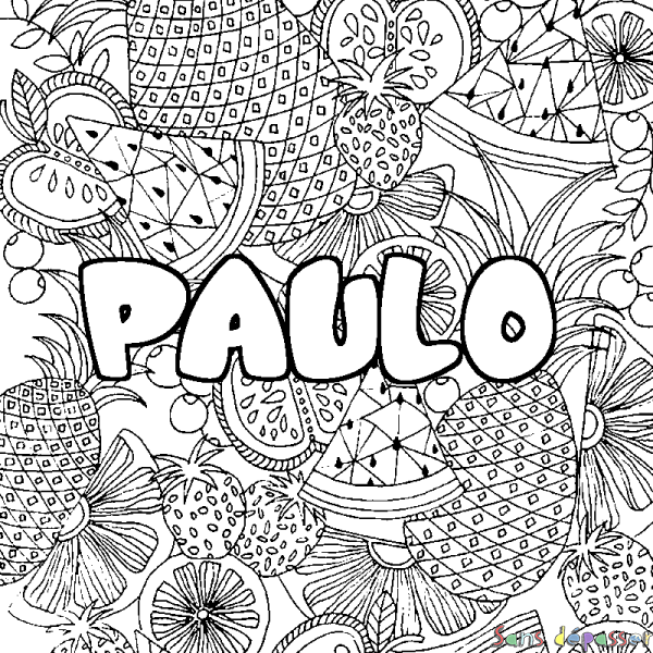 Coloriage pr&eacute;nom PAULO - d&eacute;cor Mandala fruits