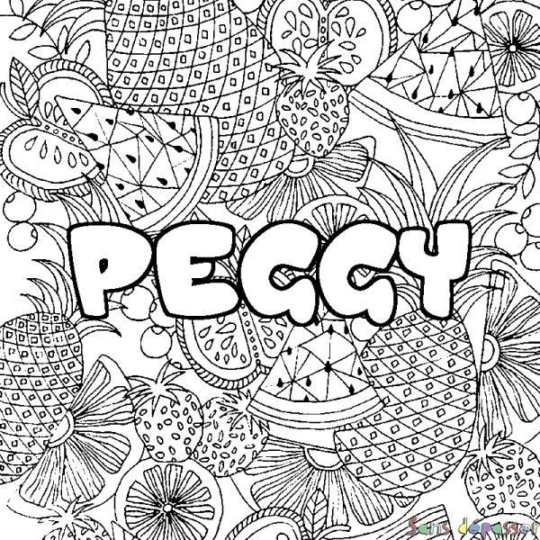 Coloriage pr&eacute;nom PEGGY - d&eacute;cor Mandala fruits