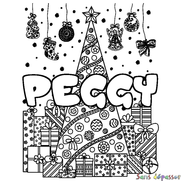 Coloriage pr&eacute;nom PEGGY - d&eacute;cor Sapin et Cadeaux