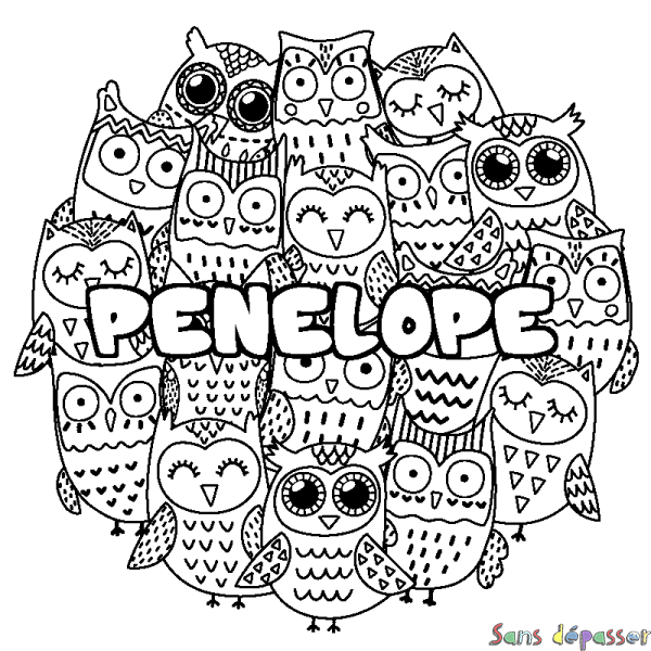 Coloriage pr&eacute;nom PENELOPE - d&eacute;cor Chouettes
