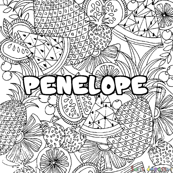 Coloriage prénom PENELOPE - d&eacute;cor Mandala fruits