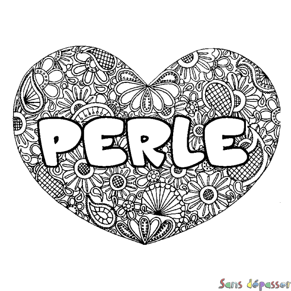 Coloriage pr&eacute;nom PERLE - d&eacute;cor Mandala coeur