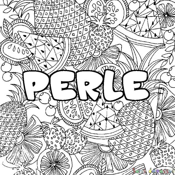Coloriage pr&eacute;nom PERLE - d&eacute;cor Mandala fruits