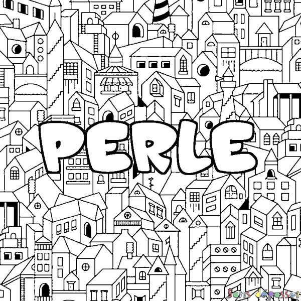 Coloriage pr&eacute;nom PERLE - d&eacute;cor Ville