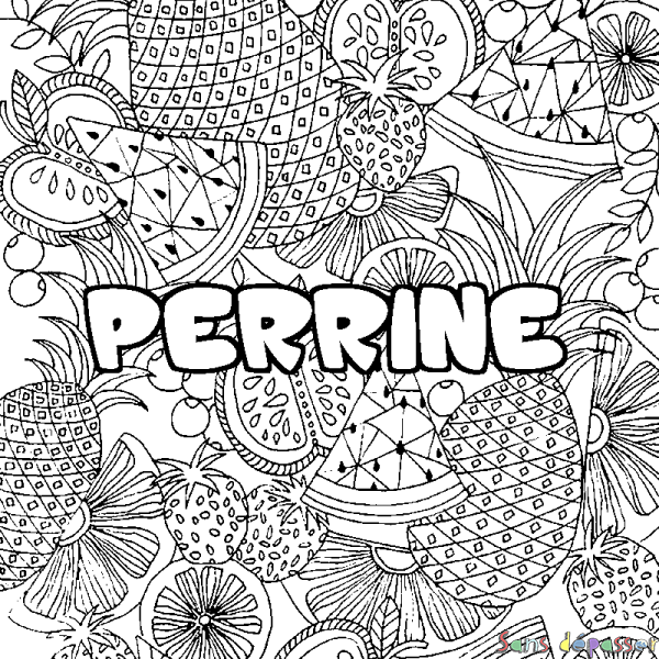 Coloriage pr&eacute;nom PERRINE - d&eacute;cor Mandala fruits