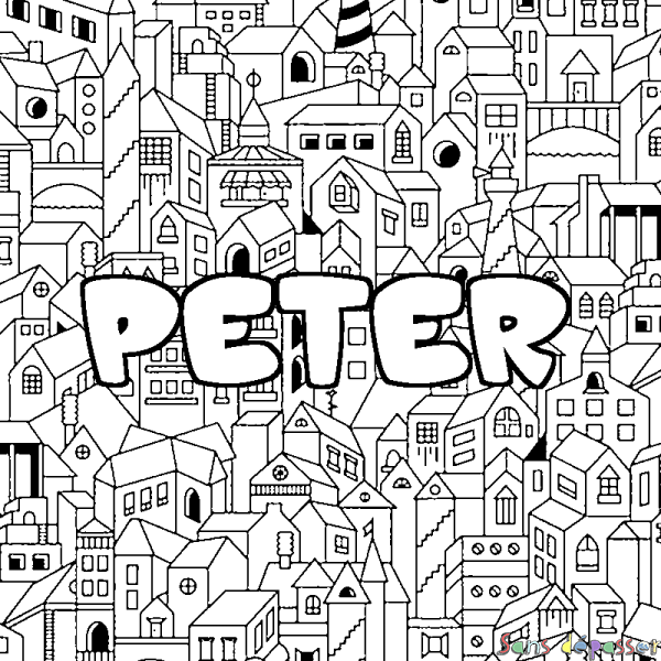 Coloriage pr&eacute;nom PETER - d&eacute;cor Ville