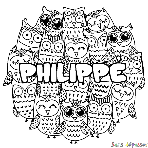 Coloriage prénom PHILIPPE - d&eacute;cor Chouettes