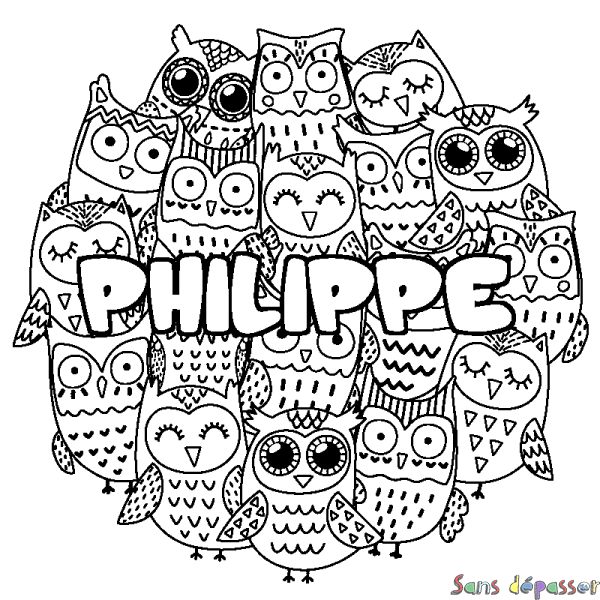 Coloriage pr&eacute;nom PHILIPPE - d&eacute;cor Chouettes
