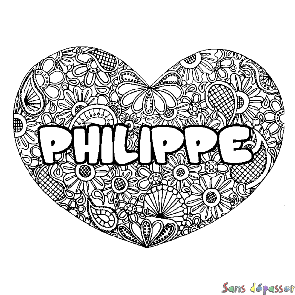 Coloriage prénom PHILIPPE - d&eacute;cor Mandala coeur