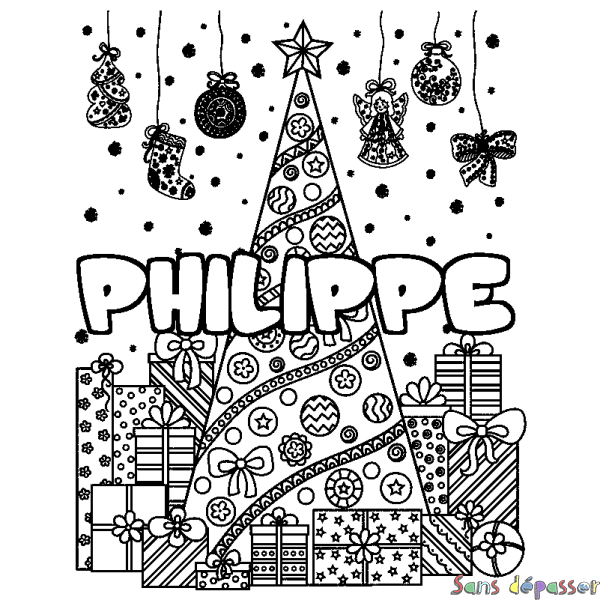 Coloriage prénom PHILIPPE - d&eacute;cor Sapin et Cadeaux