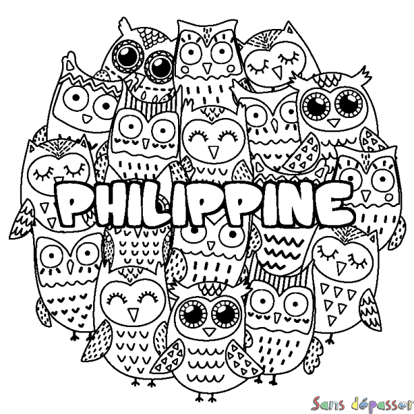 Coloriage pr&eacute;nom PHILIPPINE - d&eacute;cor Chouettes