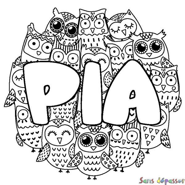 Coloriage pr&eacute;nom PIA - d&eacute;cor Chouettes