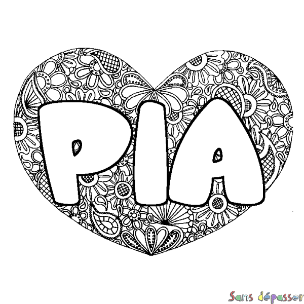 Coloriage pr&eacute;nom PIA - d&eacute;cor Mandala coeur