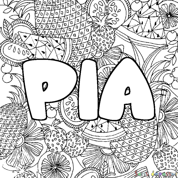 Coloriage pr&eacute;nom PIA - d&eacute;cor Mandala fruits