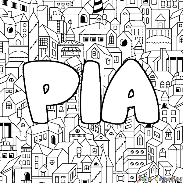 Coloriage pr&eacute;nom PIA - d&eacute;cor Ville