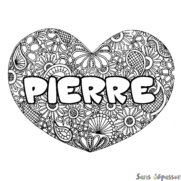 Coloriage pr&eacute;nom PIERRE - d&eacute;cor Mandala coeur