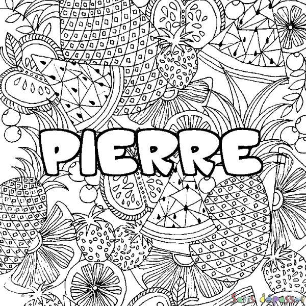 Coloriage pr&eacute;nom PIERRE - d&eacute;cor Mandala fruits