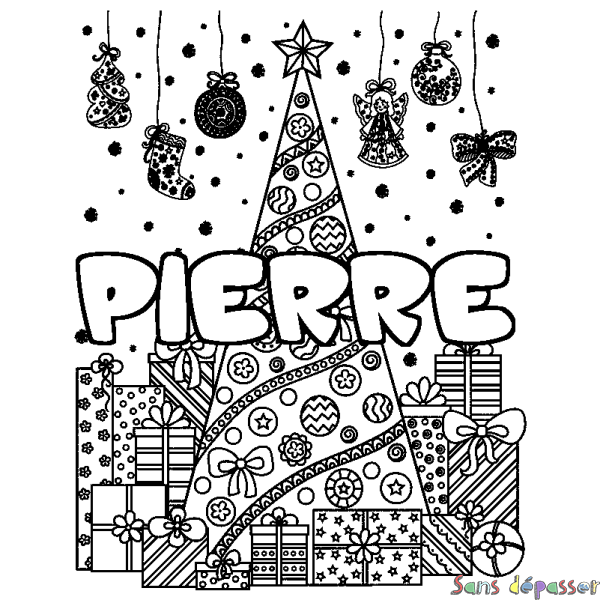 Coloriage pr&eacute;nom PIERRE - d&eacute;cor Sapin et Cadeaux