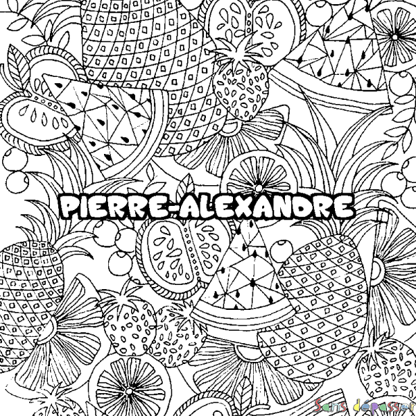 Coloriage prénom PIERRE-ALEXANDRE - d&eacute;cor Mandala fruits