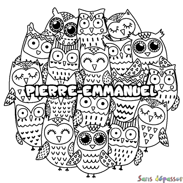 Coloriage pr&eacute;nom PIERRE-EMMANUEL - d&eacute;cor Chouettes