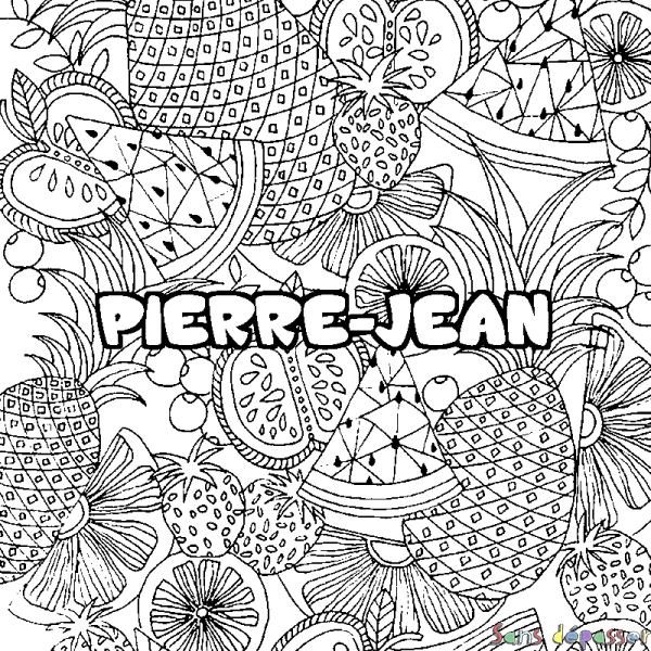 Coloriage pr&eacute;nom PIERRE-JEAN - d&eacute;cor Mandala fruits