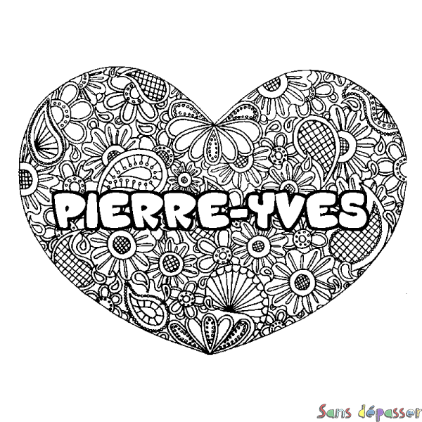 Coloriage pr&eacute;nom PIERRE-YVES - d&eacute;cor Mandala coeur