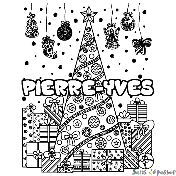 Coloriage prénom PIERRE-YVES - d&eacute;cor Sapin et Cadeaux