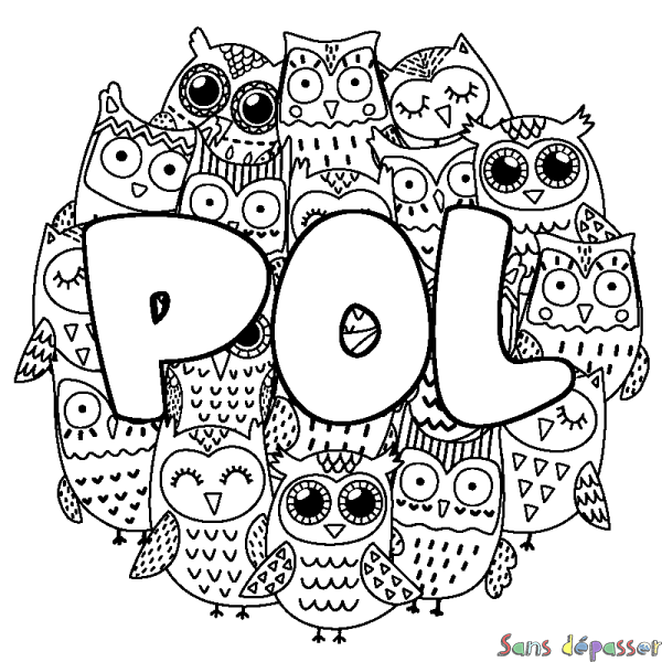 Coloriage pr&eacute;nom POL - d&eacute;cor Chouettes