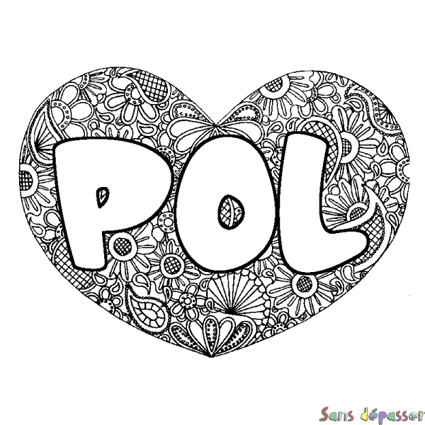 Coloriage pr&eacute;nom POL - d&eacute;cor Mandala coeur