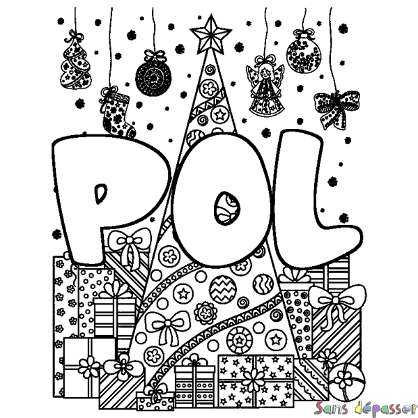 Coloriage pr&eacute;nom POL - d&eacute;cor Sapin et Cadeaux