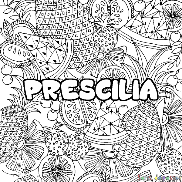 Coloriage pr&eacute;nom PRESCILIA - d&eacute;cor Mandala fruits