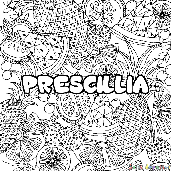 Coloriage prénom PRESCILLIA - d&eacute;cor Mandala fruits