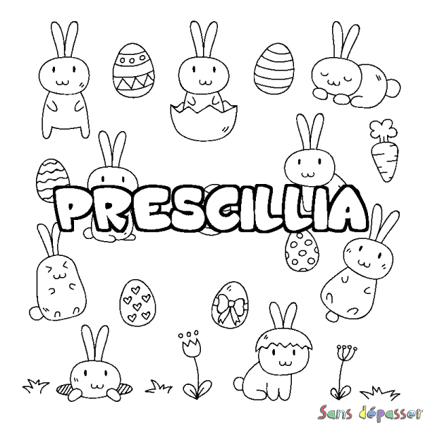 Coloriage pr&eacute;nom PRESCILLIA - d&eacute;cor Paques