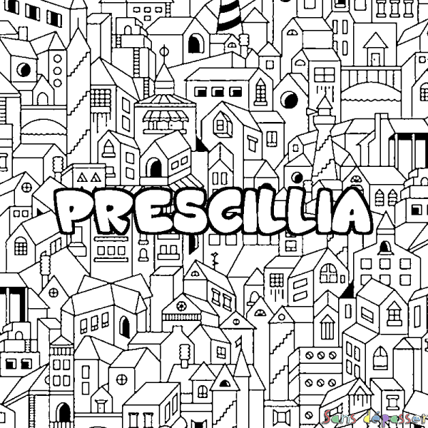 Coloriage prénom PRESCILLIA - d&eacute;cor Ville
