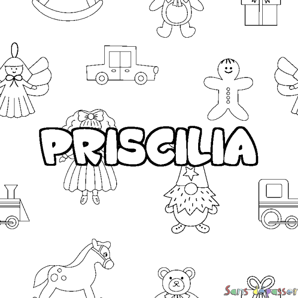 Coloriage pr&eacute;nom PRISCILIA - d&eacute;cor Jouets