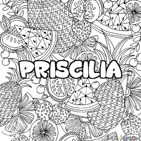 Coloriage prénom PRISCILIA - d&eacute;cor Mandala fruits
