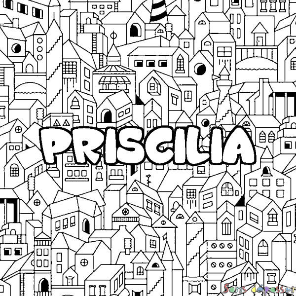 Coloriage prénom PRISCILIA - d&eacute;cor Ville