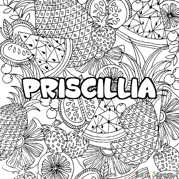 Coloriage prénom PRISCILLIA - d&eacute;cor Mandala fruits
