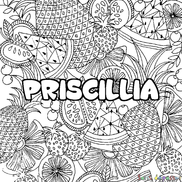 Coloriage pr&eacute;nom PRISCILLIA - d&eacute;cor Mandala fruits