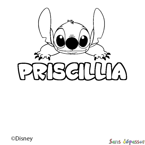 Coloriage pr&eacute;nom PRISCILLIA - d&eacute;cor Stitch