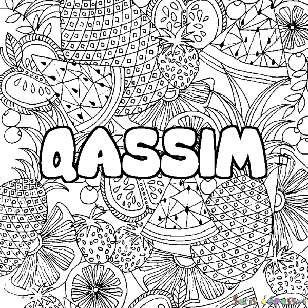 Coloriage pr&eacute;nom QASSIM - d&eacute;cor Mandala fruits