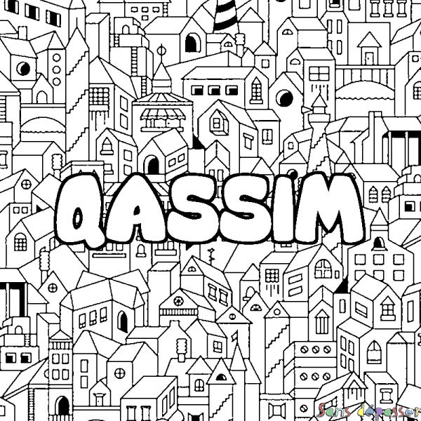 Coloriage pr&eacute;nom QASSIM - d&eacute;cor Ville