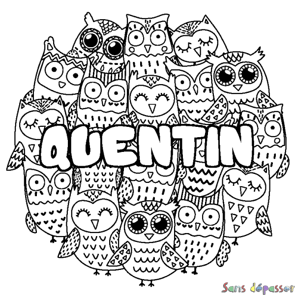 Coloriage pr&eacute;nom QUENTIN - d&eacute;cor Chouettes